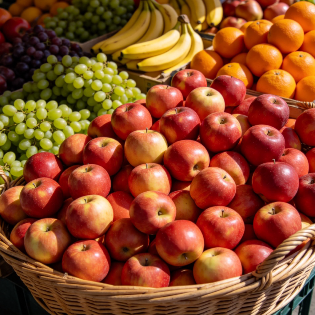A vibrant market scene with a large basket filled with assorted fruits, where apples clearly make up the majority of the pile. Natural sunlight highlights the abundance, focusing on the contrast between the apples and other fruits. Simple background, no text or logos.