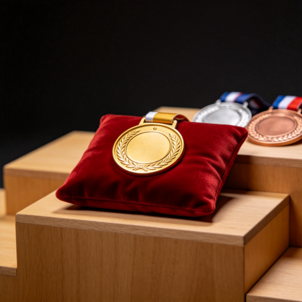 A gold medal displayed prominently on a red velvet cushion, with silver and bronze medals placed subtly in the background on a simple wooden podium. Soft studio lighting emphasizes the shine and prestige of the gold medal, no text or distractions.