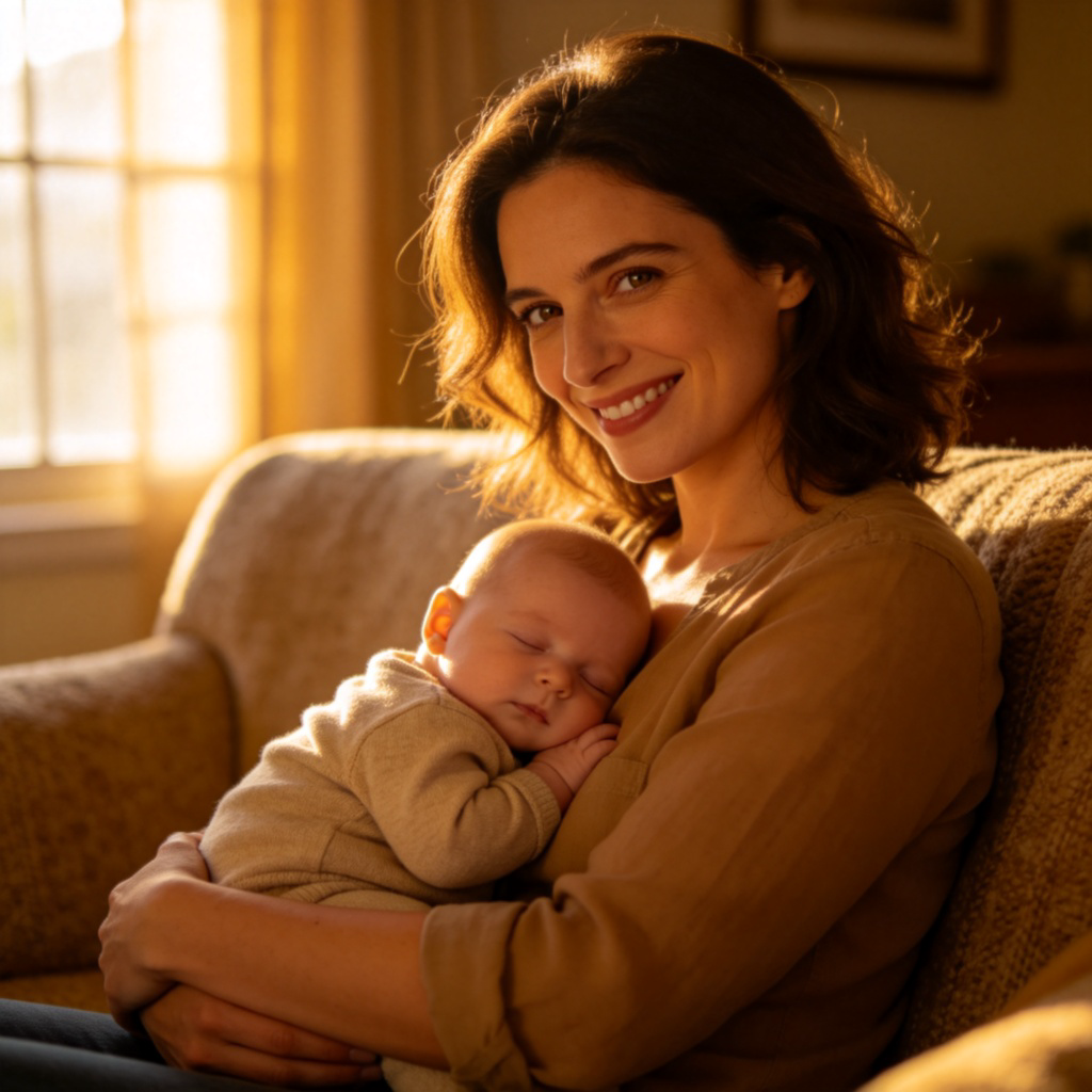 A smiling woman in her 30s, with warm eyes, gently holding a sleeping infant in her arms. They are sitting on a cozy sofa at home, sunlight streaming through a nearby window. The focus is on her peaceful expression and the bond with the baby. No text.