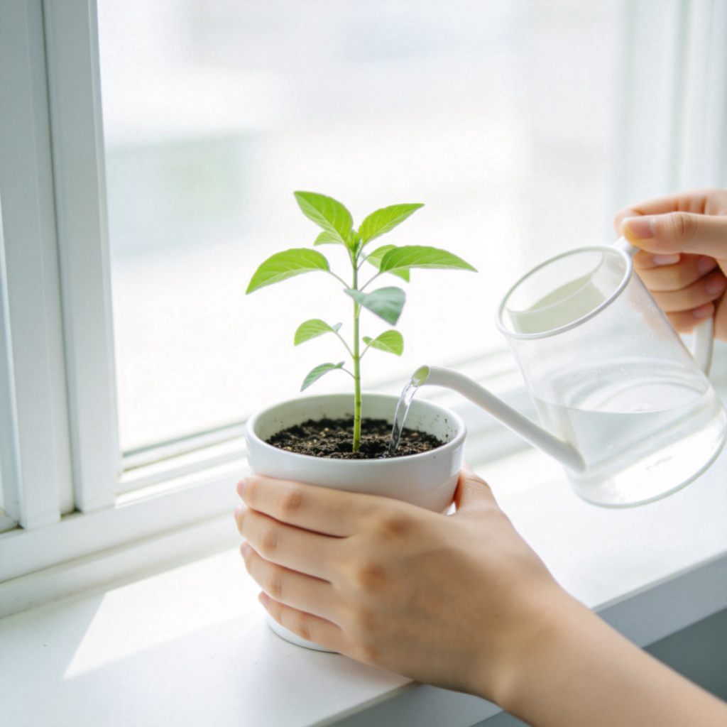 A person (gender neutral) carefully watering a small potted plant on a windowsill. The person's hands are gentle and focused, showing nurturing care. The young plant has only a few green leaves. Clean, bright background. No text.