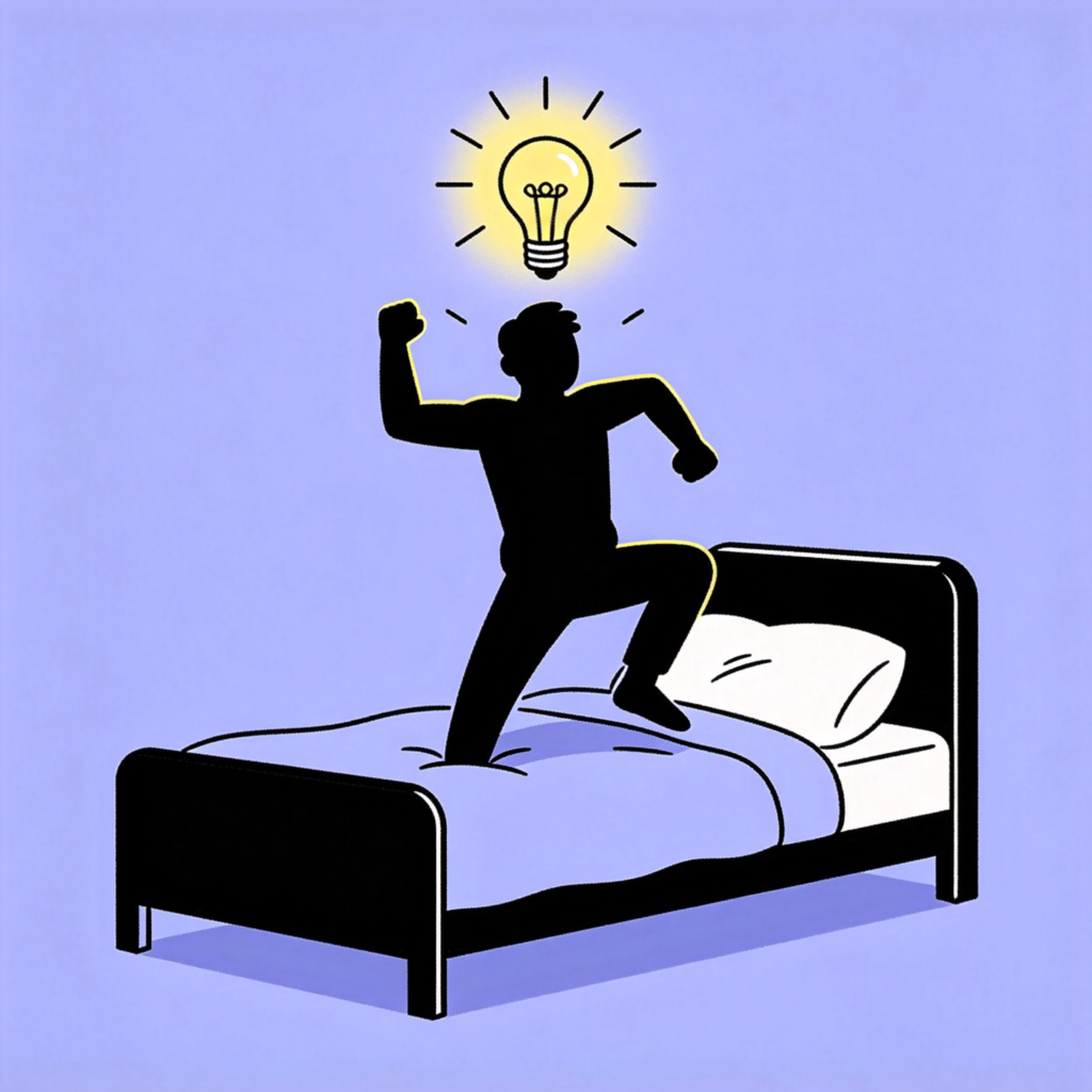 A simple, symbolic scene showing a person in silhouette getting out of bed with an energetic pose, while a glowing light bulb or a small flame icon appears over their head, representing an idea or inner drive. Plain background, cartoon or clear vector art style. No text.