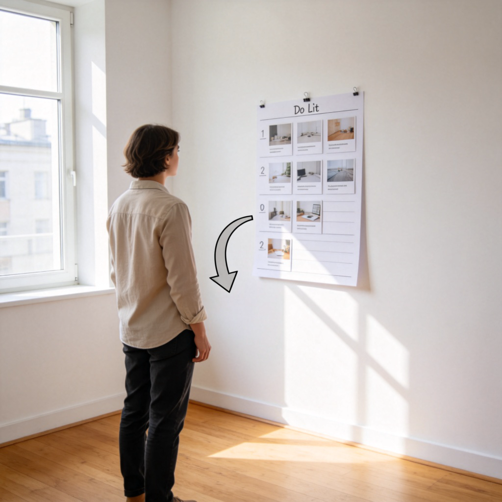 A person stands looking at a vision board or a simple to-do list pinned on a wall. On the board, there are clear images and words like 'Learn Spanish', 'Save for Trip', 'Run Marathon', with a big arrow pointing from the person to the board. Clean, well-lit room setting. No text on the board within the image.