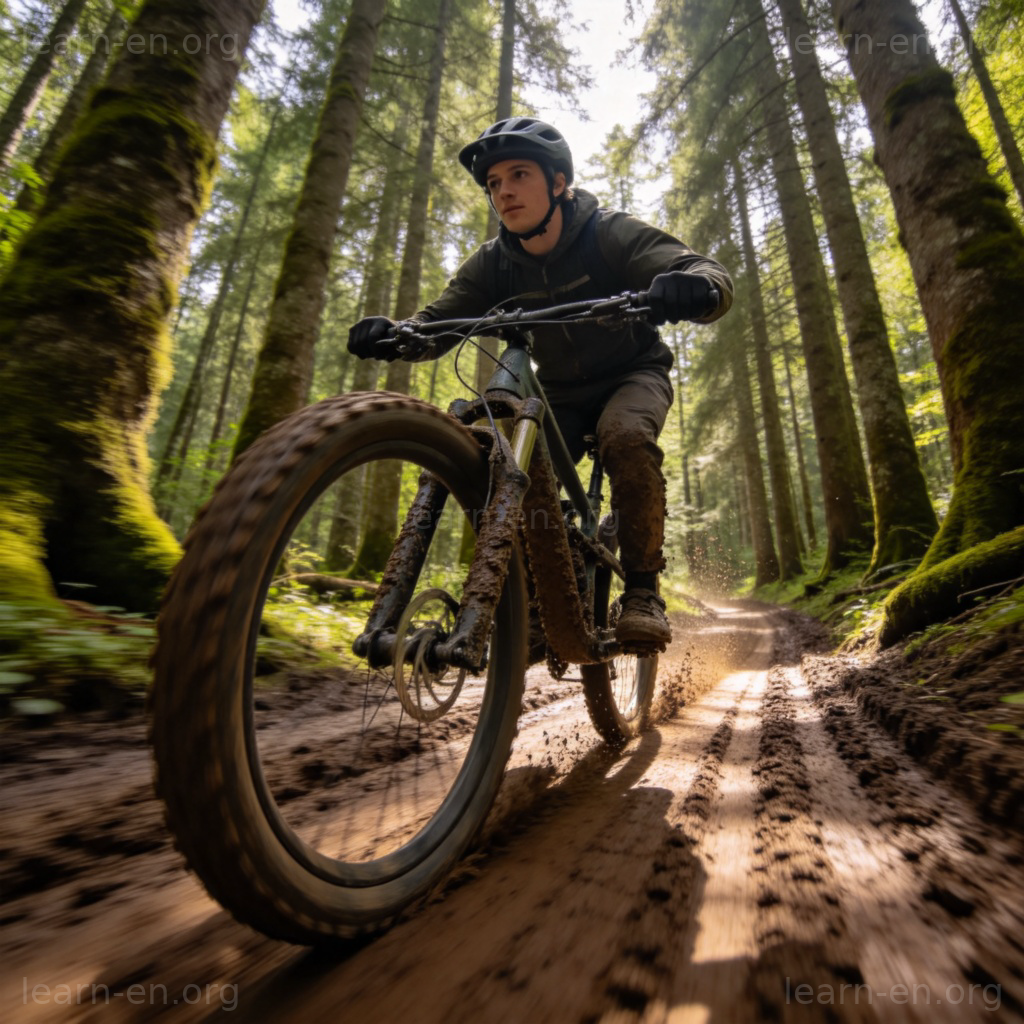 Mountain bike 山地自行车图解：骑手戴头盔在泥泞森林小径骑行