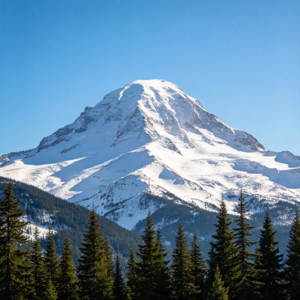 A majestic, snow-covered mountain peak under a clear blue sky, with green pine forests on its lower slopes. The mountain is the dominant focus, realistic photography style, serene landscape. No people or text.