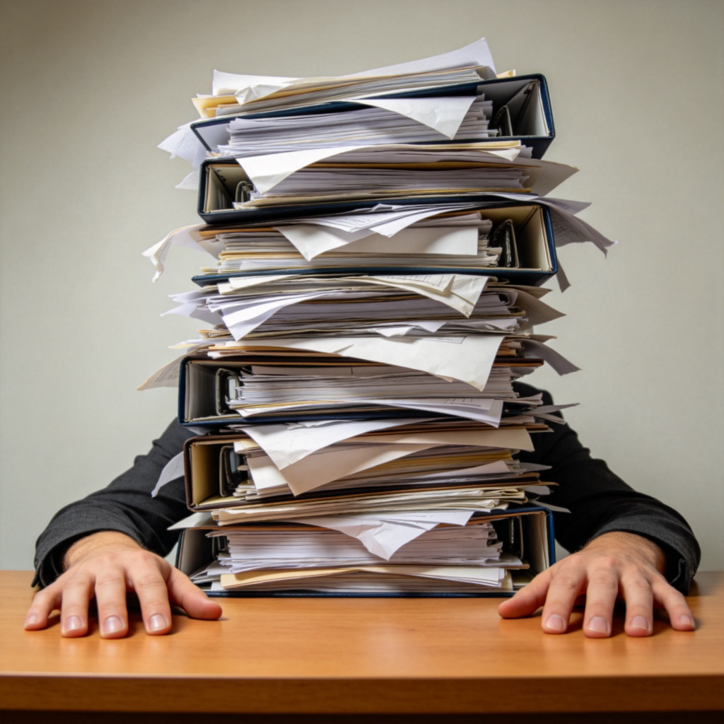 A person's hands on a desk, looking overwhelmed at a huge, towering pile of papers and folders in front of them. The pile is messy and much taller than the person's head, creating a feeling of a huge task. Clean office background, realistic style. No text.