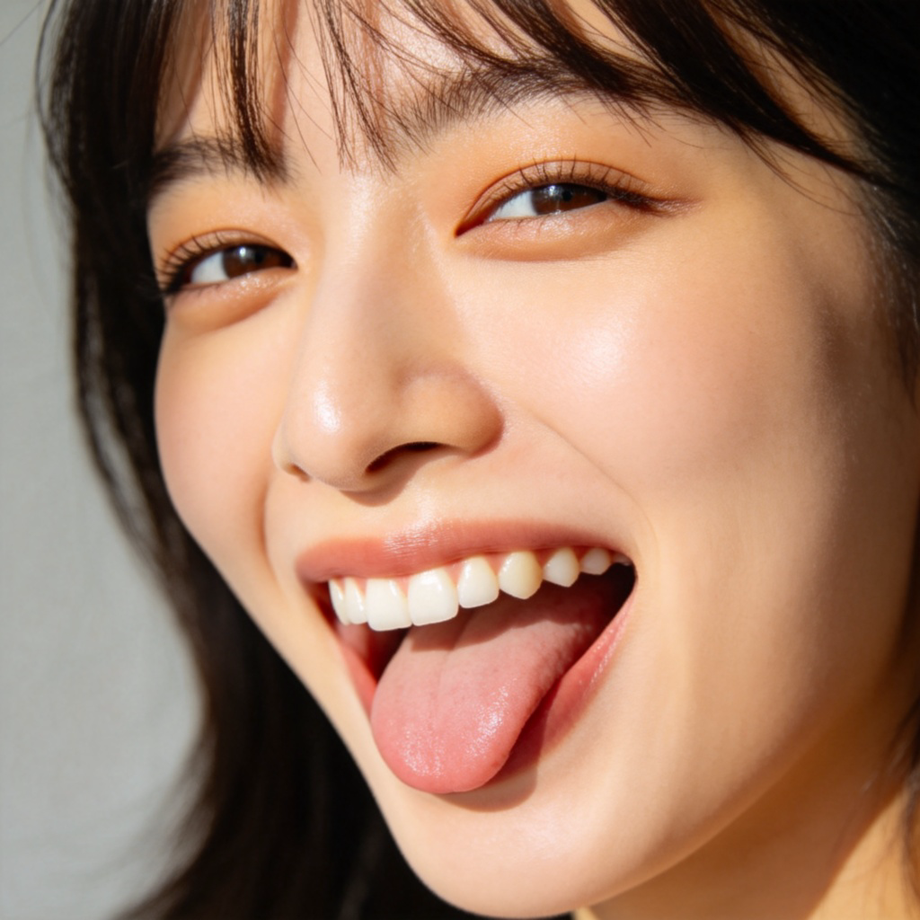 A close-up of a person's face, smiling with mouth open, showing teeth and tongue. Plain background, natural lighting. No text.