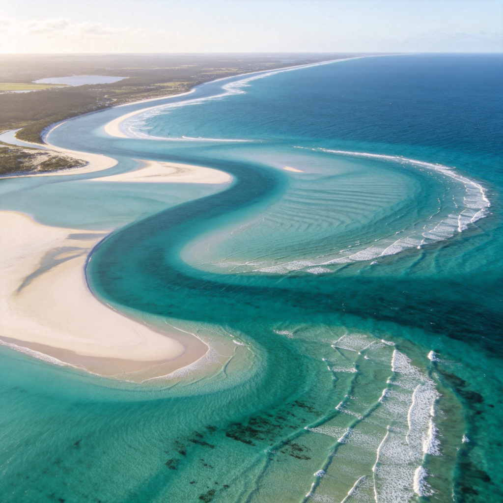 A wide river flowing into the ocean, showing the delta or mouth area from an aerial view. Clear water, natural landscape. No text.