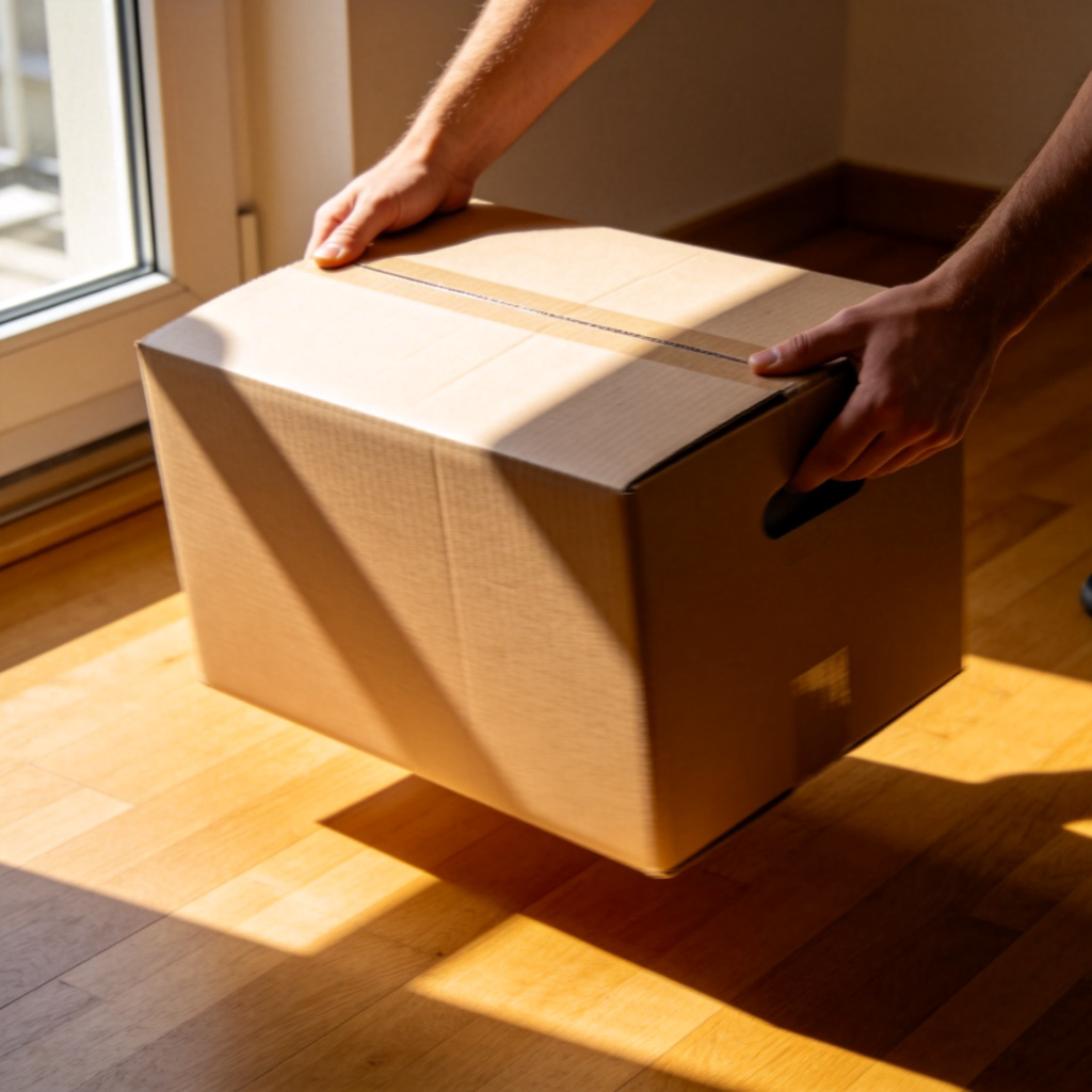 A person's hands grasping the sides of a medium-sized cardboard box, lifting it off the ground. The person is in the middle of moving it from one spot on a wooden floor to another. Sunlight streams through a window, casting a shadow. Focus on the hands and the box in motion.