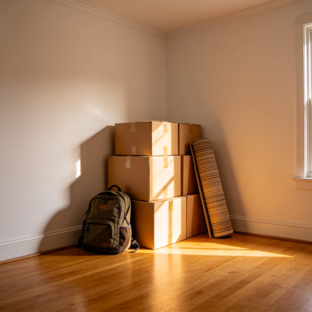 Several sealed cardboard boxes stacked neatly in the corner of an empty living room. A backpack and a rolled-up rug lean against the boxes. The room is mostly empty, with clean walls and floors, indicating someone is ready to leave. Soft afternoon light.