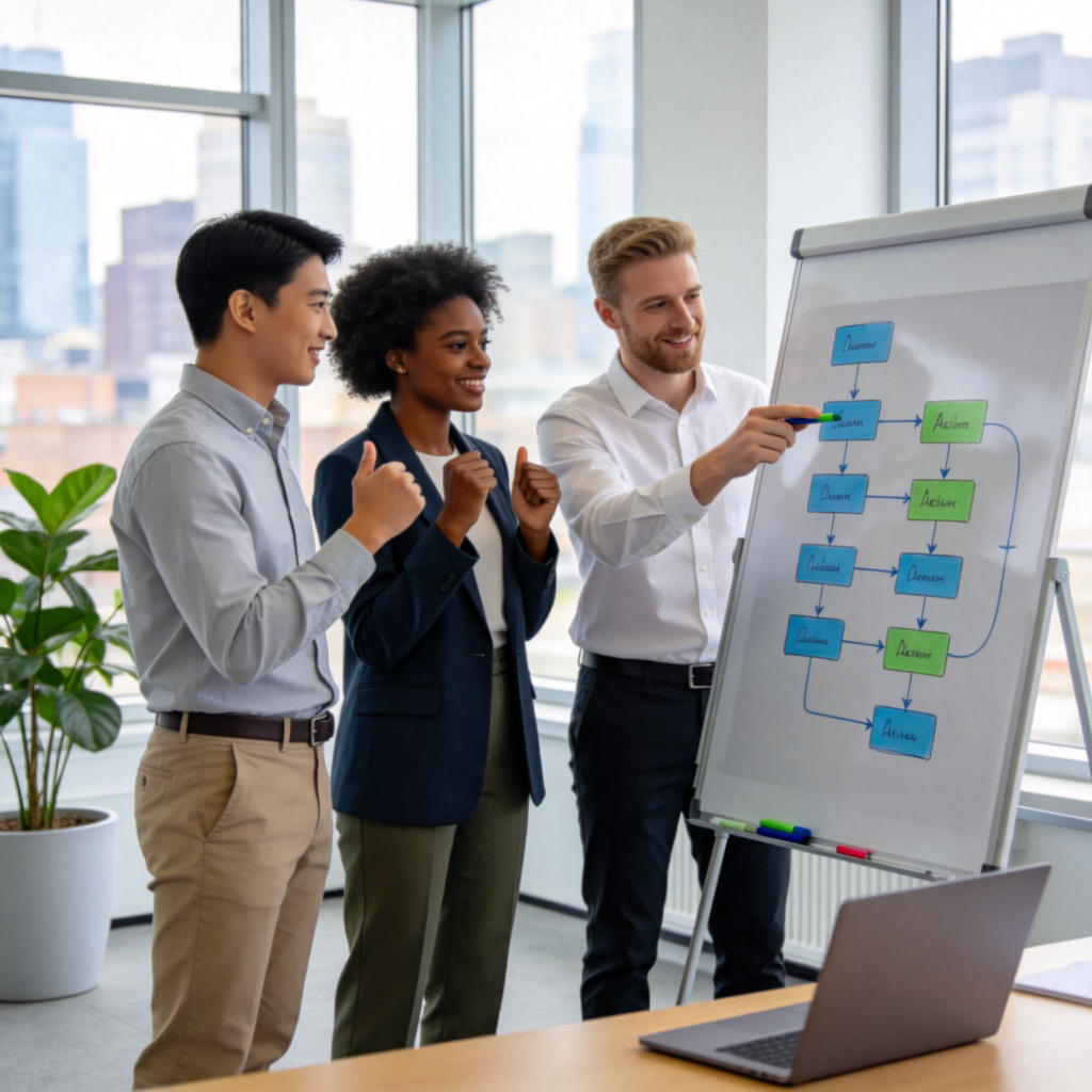 A group of three diverse people in casual business attire standing around a whiteboard with a flowchart drawn on it. One person is pointing decisively at a specific step on the board, while the others are nodding in agreement, signifying a decision to act. Modern office setting.