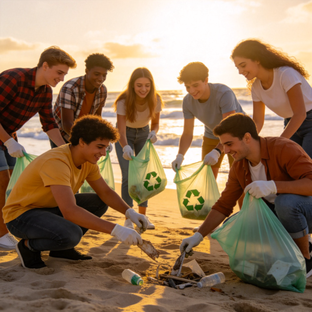 A diverse group of enthusiastic young people, wearing casual clothes, working together to clean a beach. They are holding recycling bags and picking up litter under a sunny sky. Focus on their collaborative action and positive expressions. Realistic style, natural lighting, no text or logos.