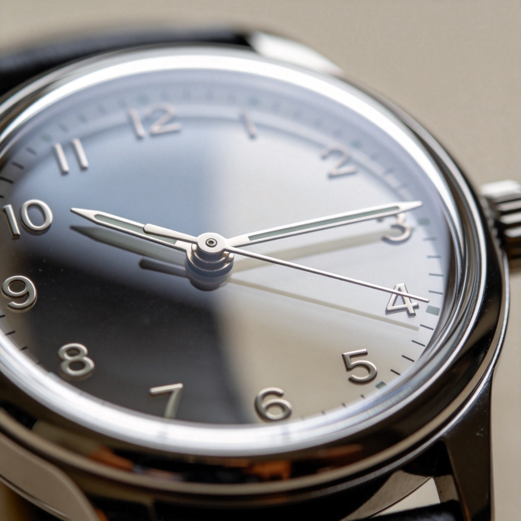 A close-up of a classic analog watch with a clear glass face, showing the second hand moving from the 10 to the 11 o'clock position. The background is blurred and plain. Sharp focus, realistic photographic style, no text or brand logos.