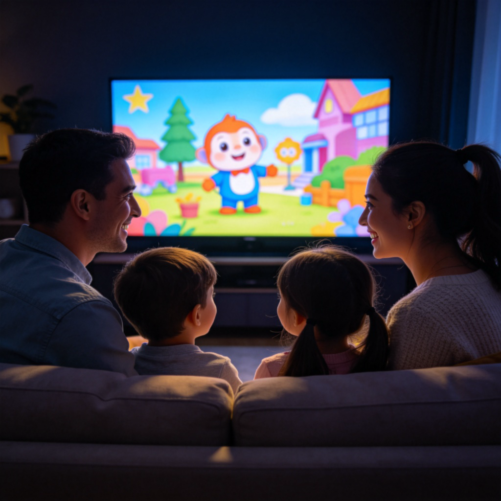 A happy family of three sitting together on a comfortable sofa in a cozy living room at night. They are all looking at a large television screen that shows a bright, colorful cartoon scene. The room is dark except for the soft glow from the TV, highlighting their smiling faces. Close-up view, realistic style, no text or logos visible.
