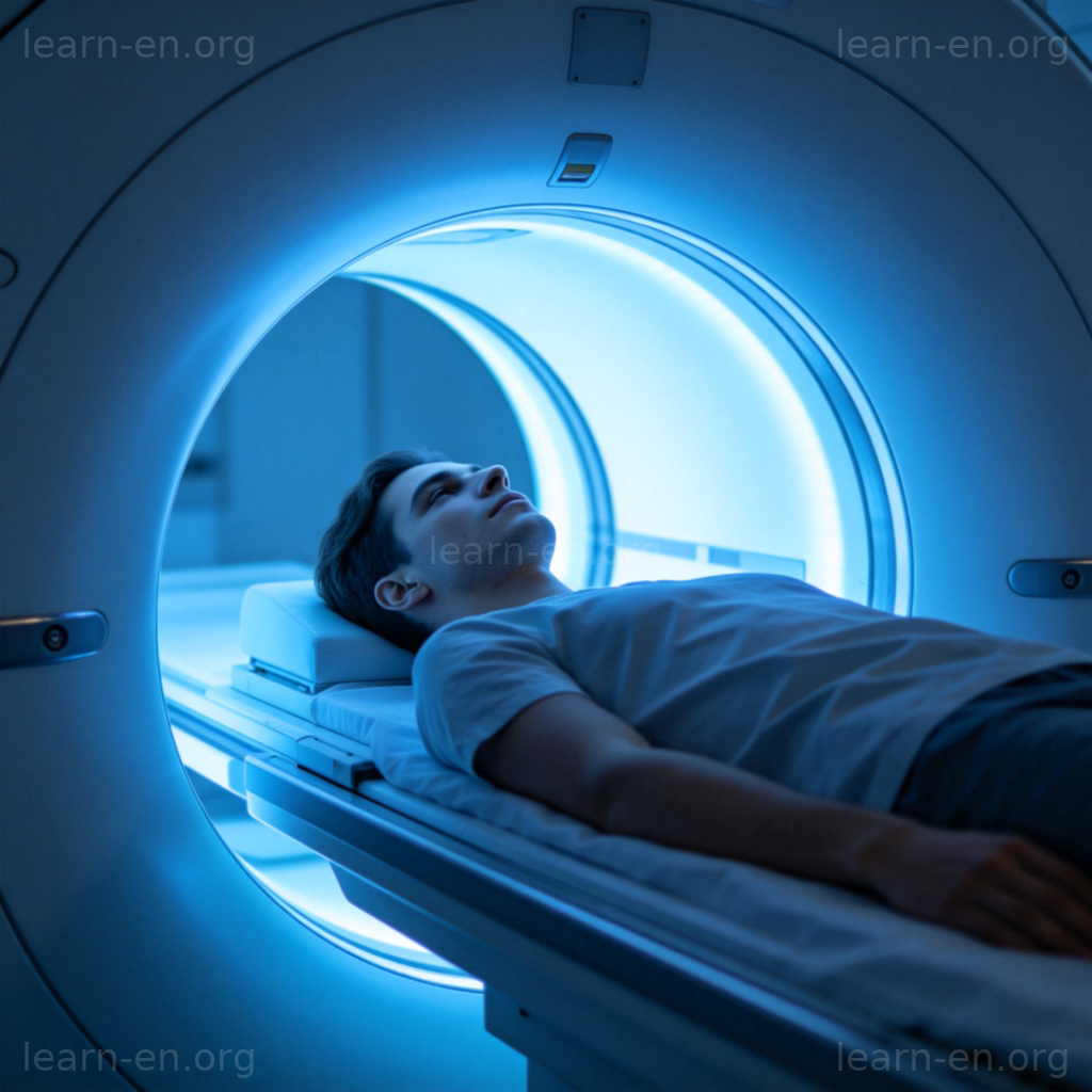 MRI核磁共振检查图解：患者平静躺在圆柱形扫描仪内