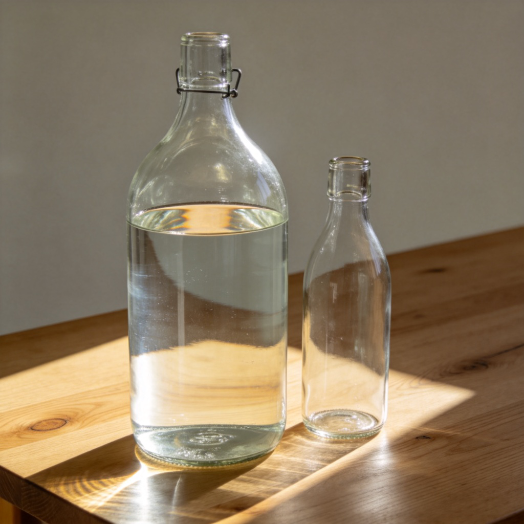 A large, transparent glass bottle full of clear water, next to an identical but almost empty bottle for contrast. The bottles are on a wooden table against a plain background. Sunlight shines through the water in the full bottle, emphasizing its volume. No text.