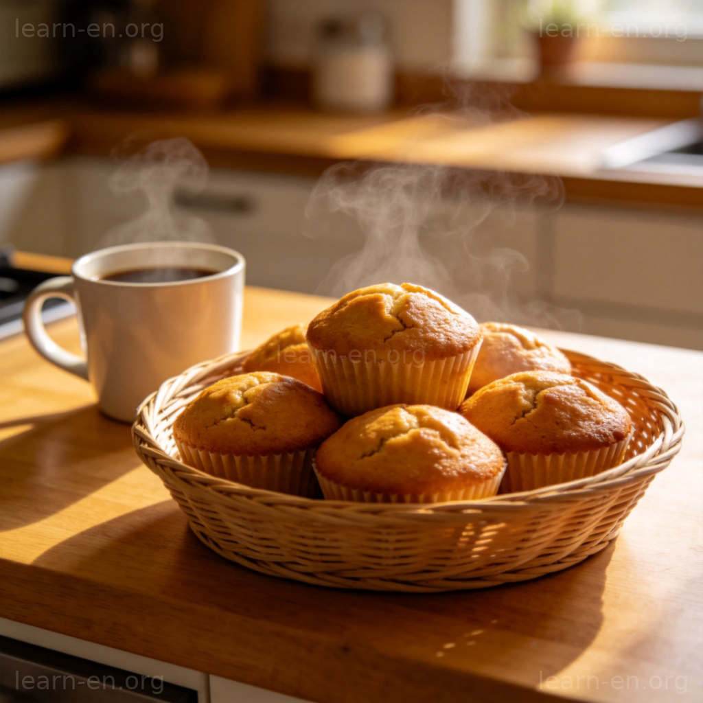 Muffins fraîchement cuits sur un comptoir de cuisine, avec une tasse de café à côté