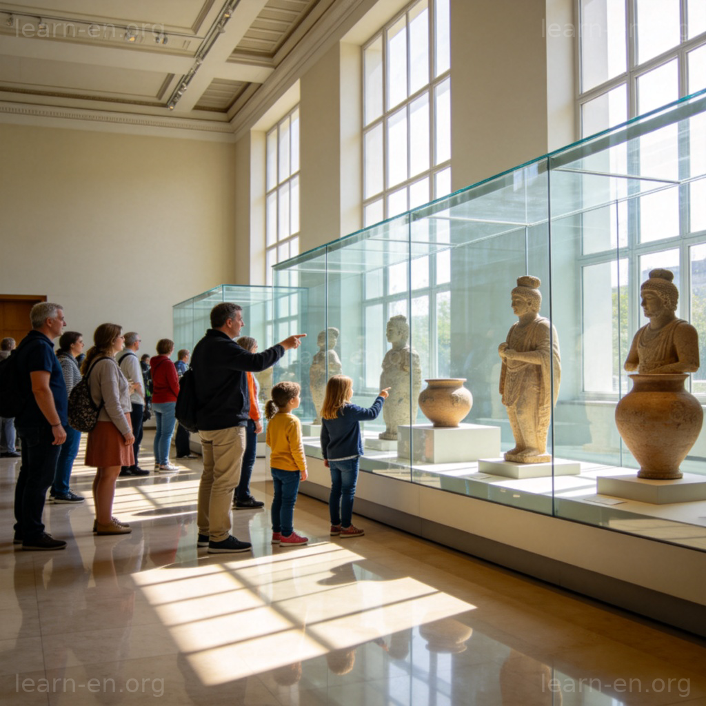 Museum interior with visitors viewing artifacts in display cases