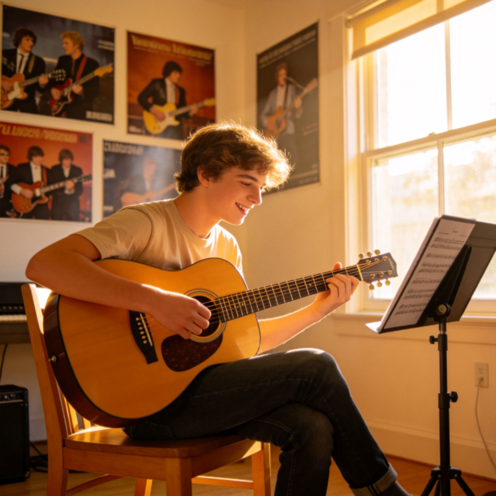 A young person sitting on a wooden chair in a bright room, happily playing an acoustic guitar. Sunlight streams through a nearby window. Several posters of famous bands are on the wall behind them, and a music stand holds a sheet of music. Focus on the person, the guitar, and the relaxed, creative atmosphere. No text.