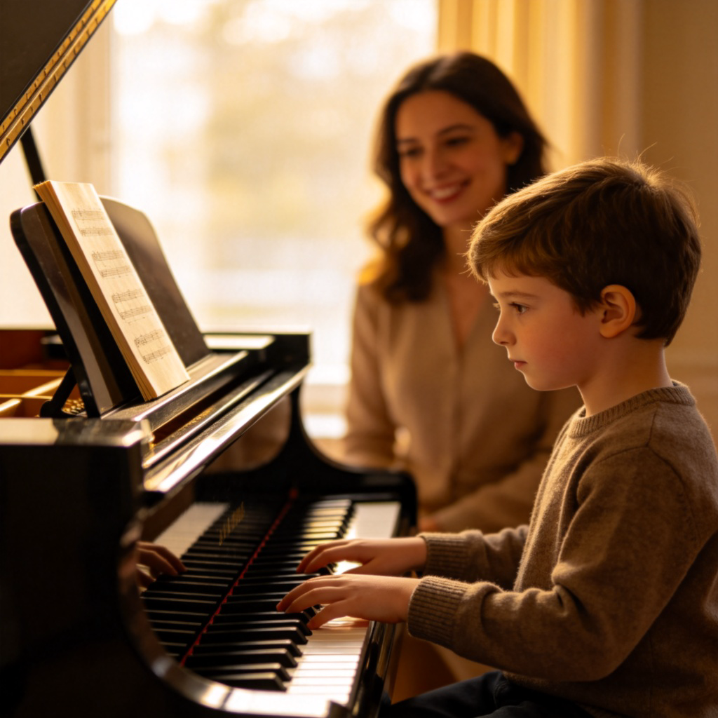 A young child, about 8 years old, sitting seriously at a grand piano with focused eyes, fingers placed correctly on the keys. A proud parent smiles warmly in the background, slightly out of focus. The piano lid is open, and a simple music book is on the stand. The scene conveys natural talent and learning. No text.