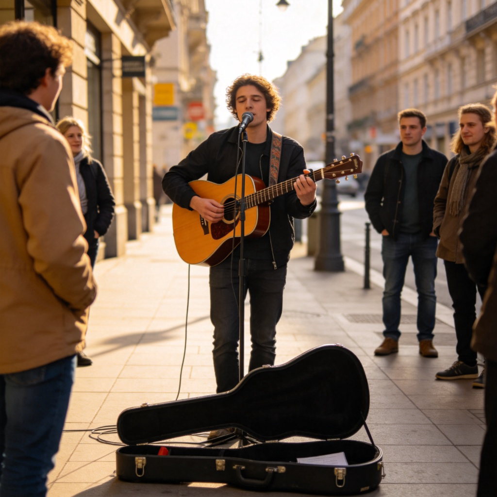 A person with a guitar case open on the ground, standing on a city sidewalk and playing an acoustic guitar. They are singing, and a few people are standing nearby listening. Daylight, clear view of the musician's focused expression and hands on the guitar. No text.