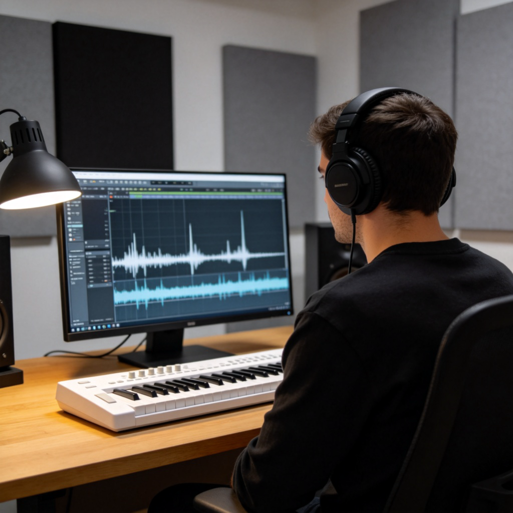 A person sitting in a modern music studio, wearing headphones and looking at a computer screen showing sound wave editing software. A MIDI keyboard is on the desk in front of them. Professional atmosphere, focused lighting on the desk. No text.