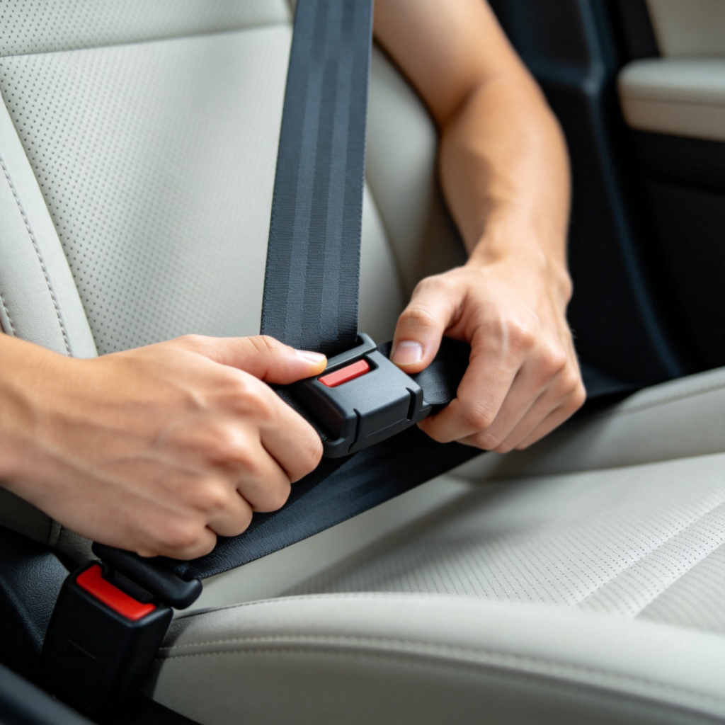 A close-up view of a person's hands fastening a seatbelt in a car. The focus is on the clicking action of the buckle, showing it is mandatory and non-negotiable. Clean car interior background, realistic lighting. No text or logos.