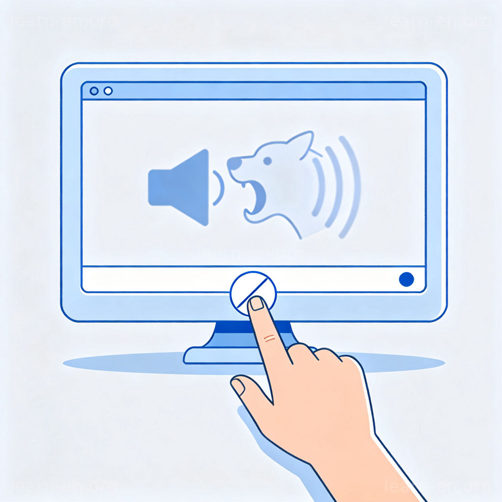 A person clicking the mute button on a video conferencing interface, with a fading barking dog silhouette representing silenced sound