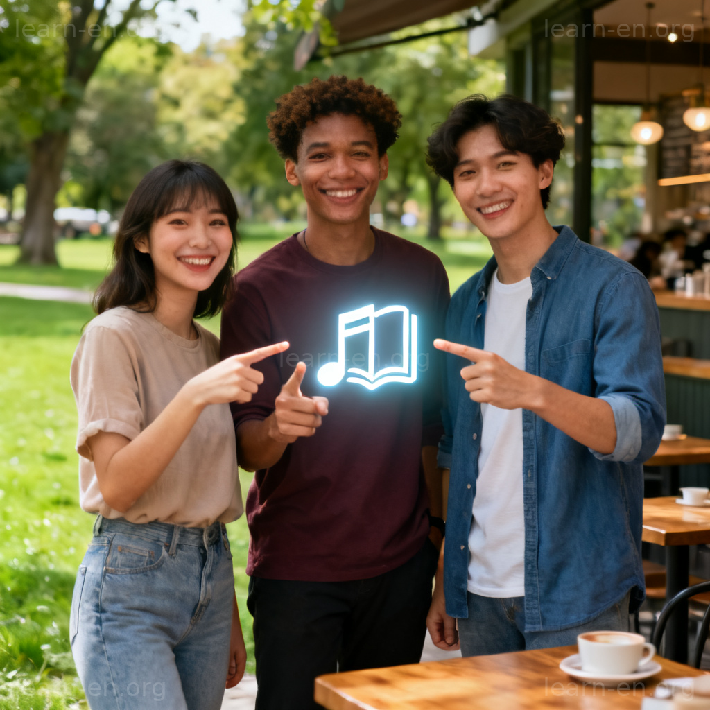 Mutual interest shown by three people pointing to a shared hobby icon.
