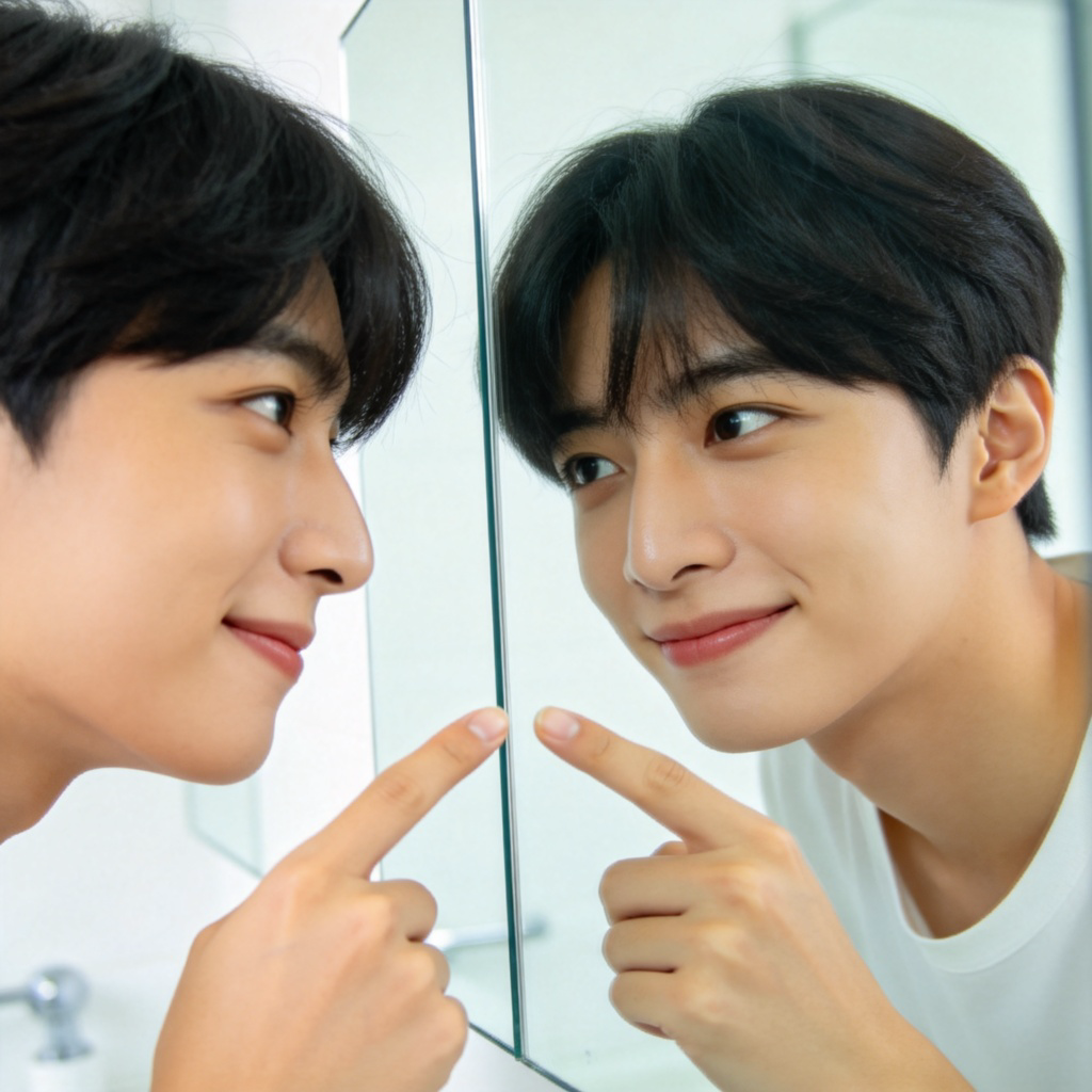 A close-up photo of a young adult, looking directly into a bathroom mirror and pointing a finger at their own reflection with a slight smile. Clear mirror, clean background, natural lighting. The focus is on the person's face and the pointing gesture towards themselves. No text.