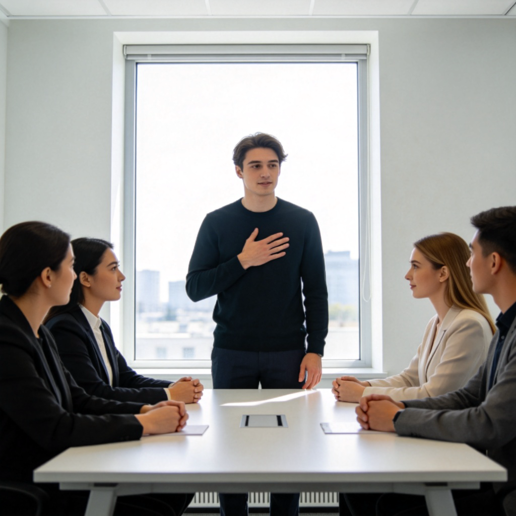 A person standing in front of a small group of colleagues in a bright, modern meeting room. The person has one hand placed over their own chest, emphasizing their personal role or statement. The colleagues are listening attentively. Daylight from a window, realistic style. No text.