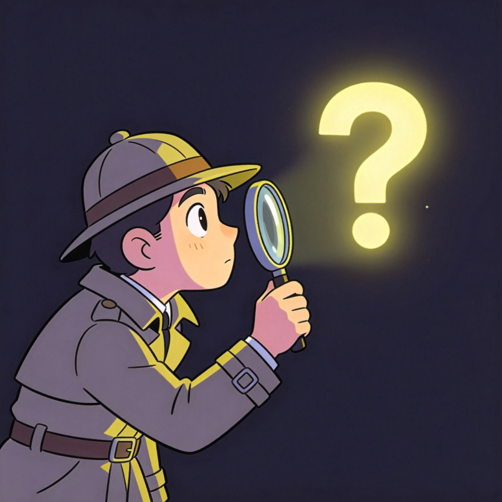 A person in a detective's outfit, wearing a magnifying glass, examining a single, glowing question mark floating in mid-air against a dark background. The detective looks curious and focused. Clean, cartoonish illustration style with bright lighting on the question mark. No text.