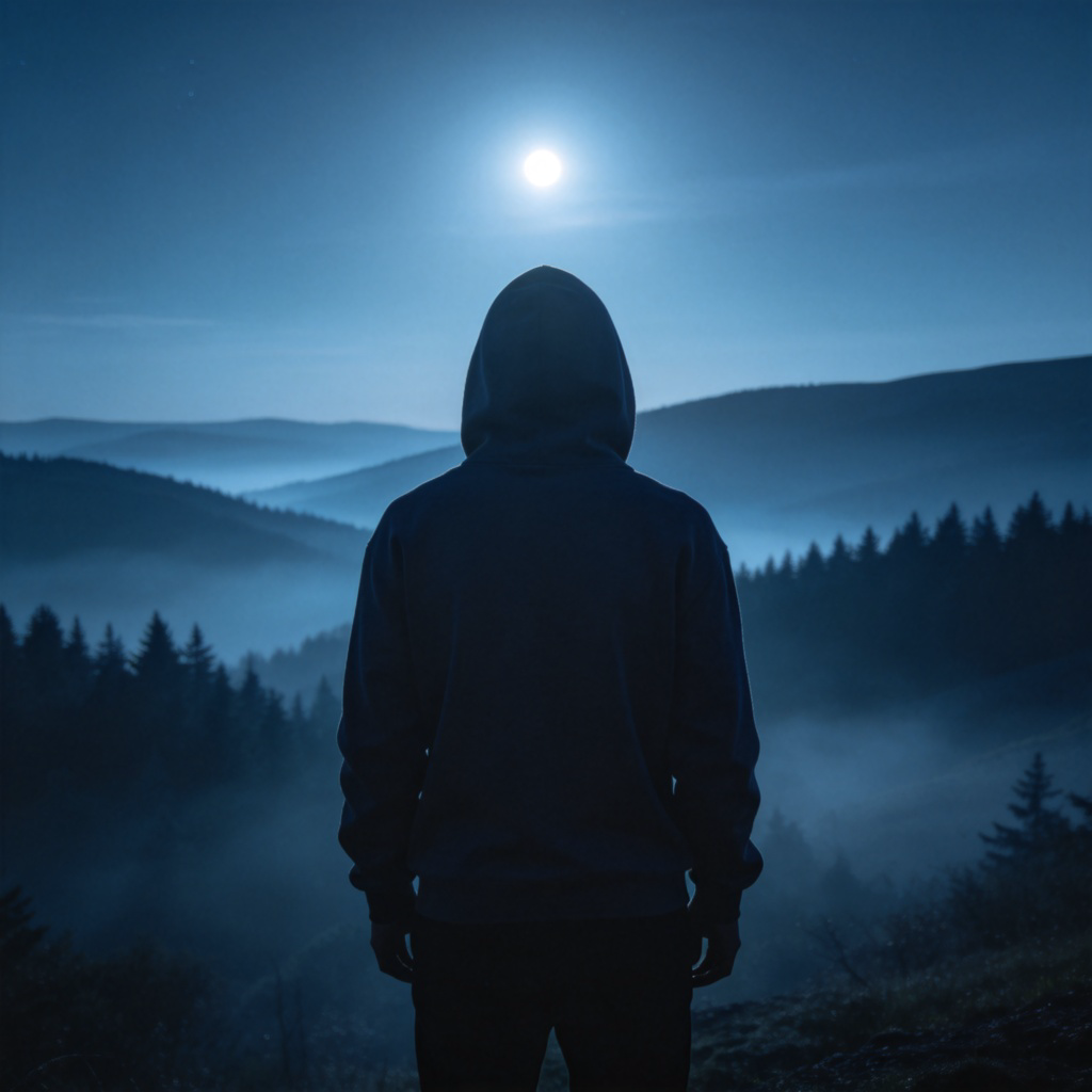 A person standing with their back to the viewer, wearing a hoodie, looking out over a misty, moonlit landscape of rolling hills and a distant forest. The figure's face and identity are completely hidden, creating a sense of intrigue. Photorealistic style with soft, low-key lighting focused on the silhouette. No text.