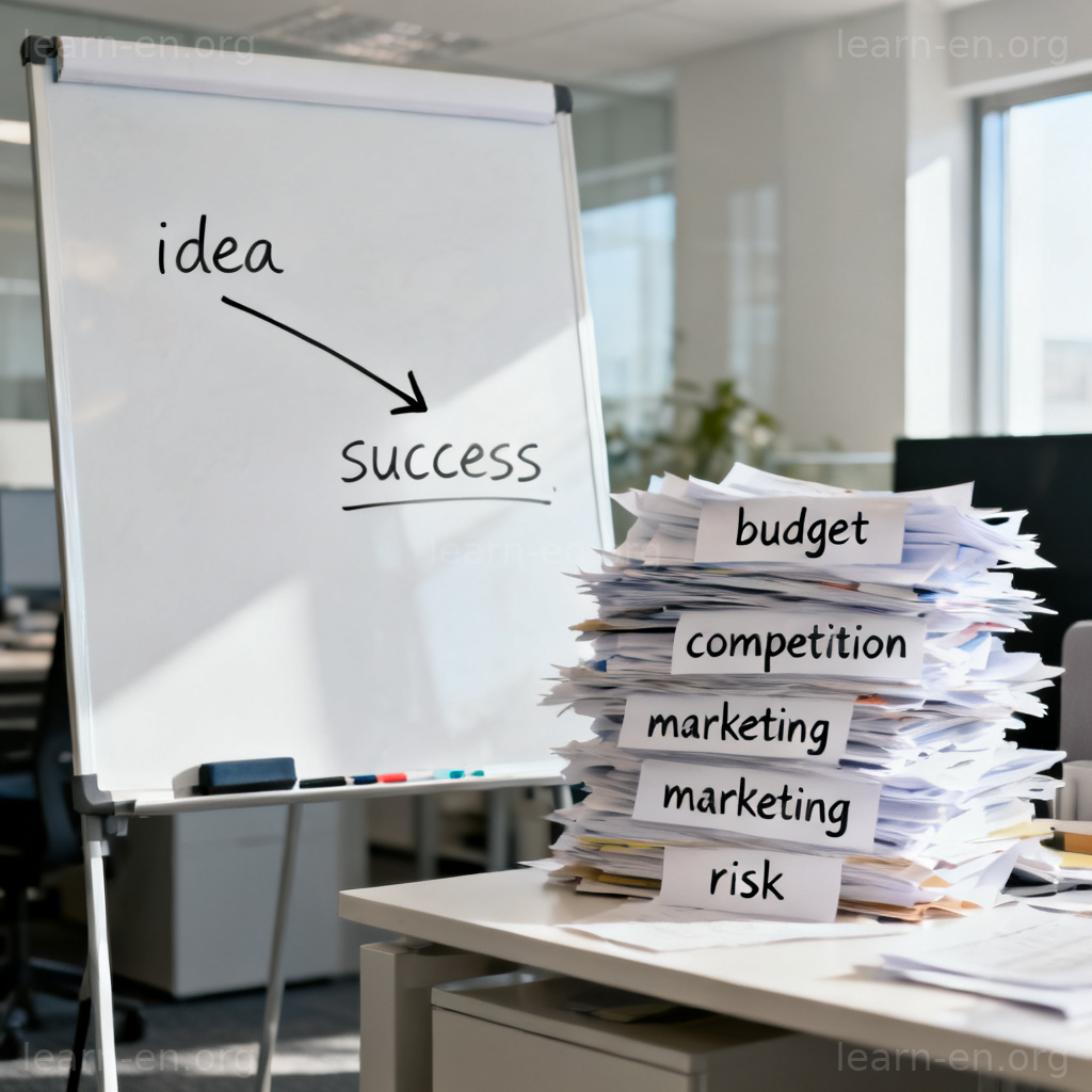 Naive concept diagram: simplistic plan vs complex real-world challenges on whiteboard.