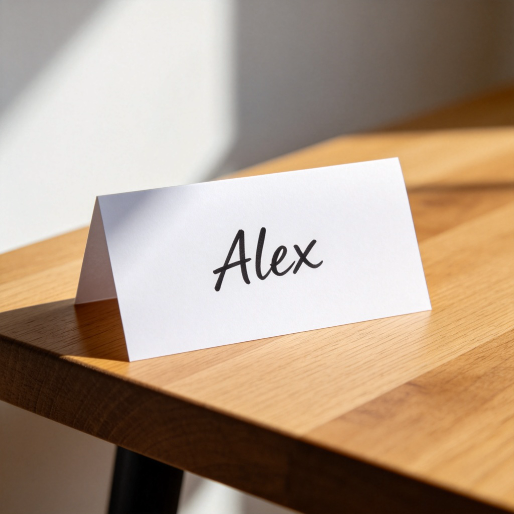 A close-up photo of a simple, clean white paper name tag, with the handwritten name "Alex" in black ink. The name tag is lying on a wooden table, in soft natural light. No text or logos.