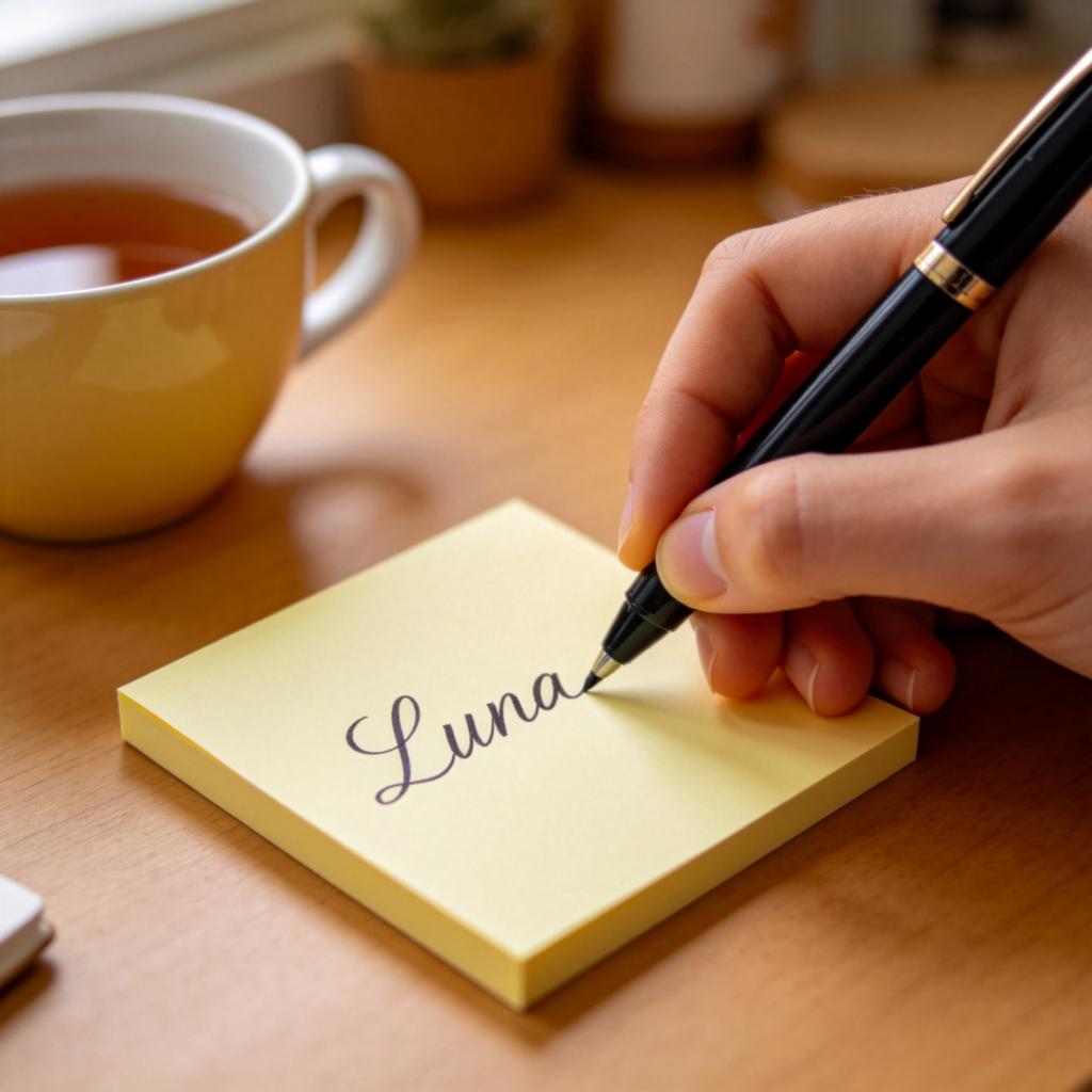 A person's hand holding a black pen, writing the name "Luna" in cursive on a blank, soft yellow sticky note. The background is a blurry, cozy home desk with a cup of tea. Focus is on the writing action and the name being created.