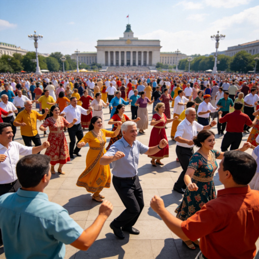A diverse crowd of happy people in a mix of modern and traditional clothing, dancing together in a large public square. In the background, there is a well-known national landmark. The atmosphere is festive and unified. Sunny day, photojournalistic style. No text.