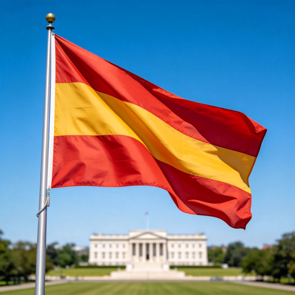 A large national flag flying proudly against a clear blue sky. The flag is unfurled and occupies most of the frame, with a simple landscape or government building slightly out of focus in the background. Daylight, realistic photography style. No text or logos.