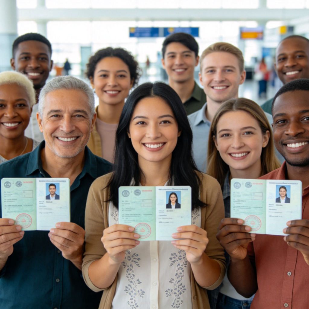 A diverse group of people smiling and holding their respective passports open to the photo page. They are standing in a bright, neutral space like an airport or community center. Focus is on their faces and the passports. Realistic photo, natural lighting. No text.