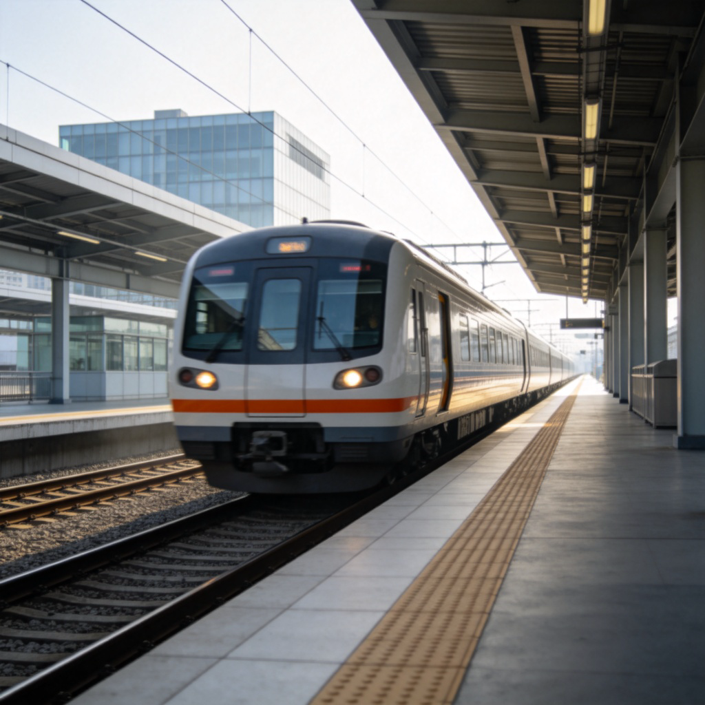 A train on tracks is seen from a side view, slowing down as it approaches a clearly visible, modern train station platform. The focus is on the train moving towards the station, creating a sense of imminent arrival. Natural daytime lighting, realistic style. No text.