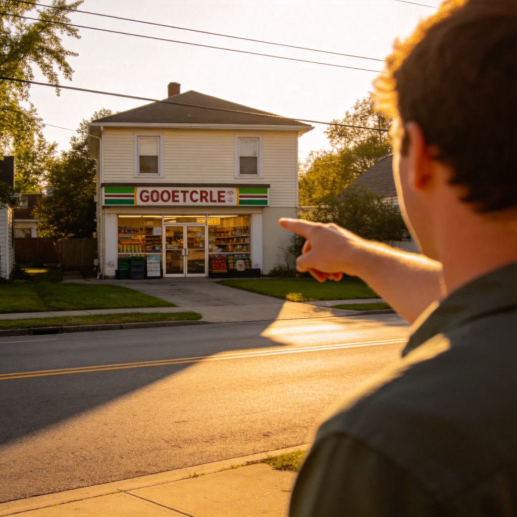 A person standing on a sunny residential street, pointing with their finger towards a small grocery store just a short walk down the road. The focus is on the person pointing and the clearly visible storefront in the near distance, with a simple house as background. The scene conveys a sense of close proximity and convenience.