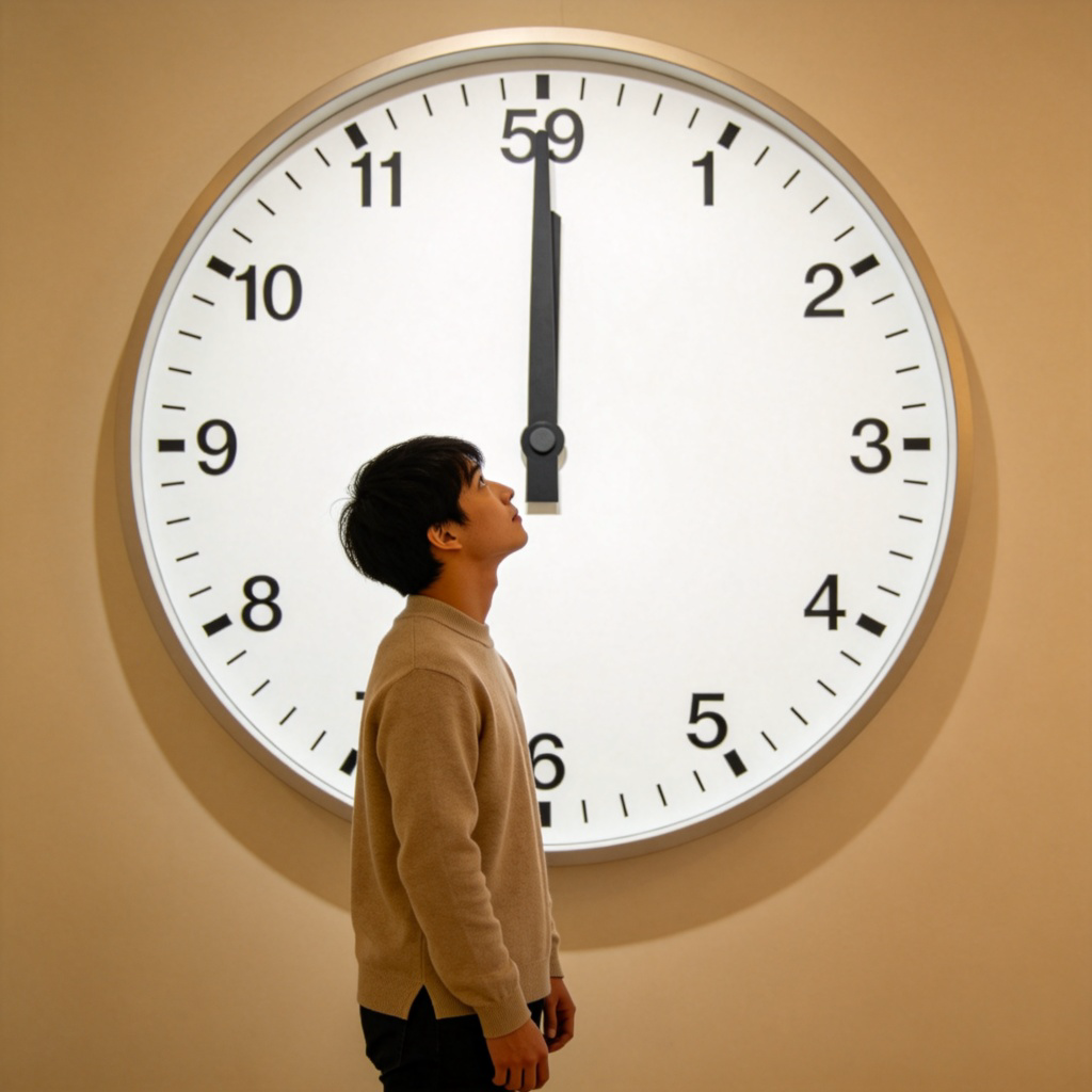 A person standing in front of a large wall clock, with the clock's minute hand pointing at the 59th minute, just one minute away from the top of the hour. The person looks at the clock with anticipation. Simple background, natural indoor lighting. No text.