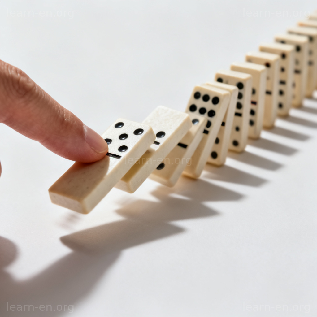 Visual explanation of necessarily as inevitably, with dominoes showing cause and effect.