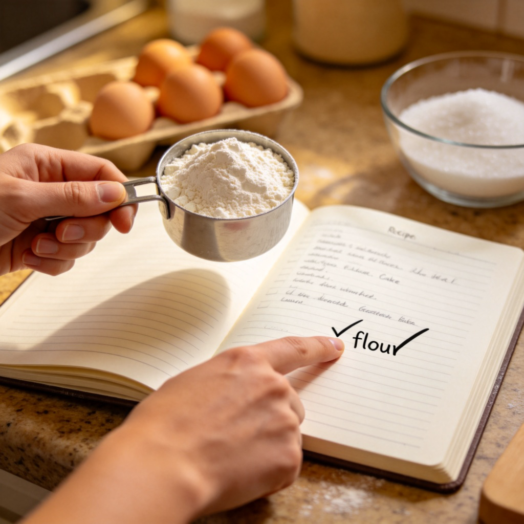 A close-up of hands preparing to bake a cake on a kitchen counter. One hand holds a measuring cup filled with flour, the other points to an open recipe book that shows a big checkmark next to the word ‘flour’. Other ingredients like eggs and sugar are visible in the background. Natural kitchen lighting, focus on the hands and the recipe. No text.