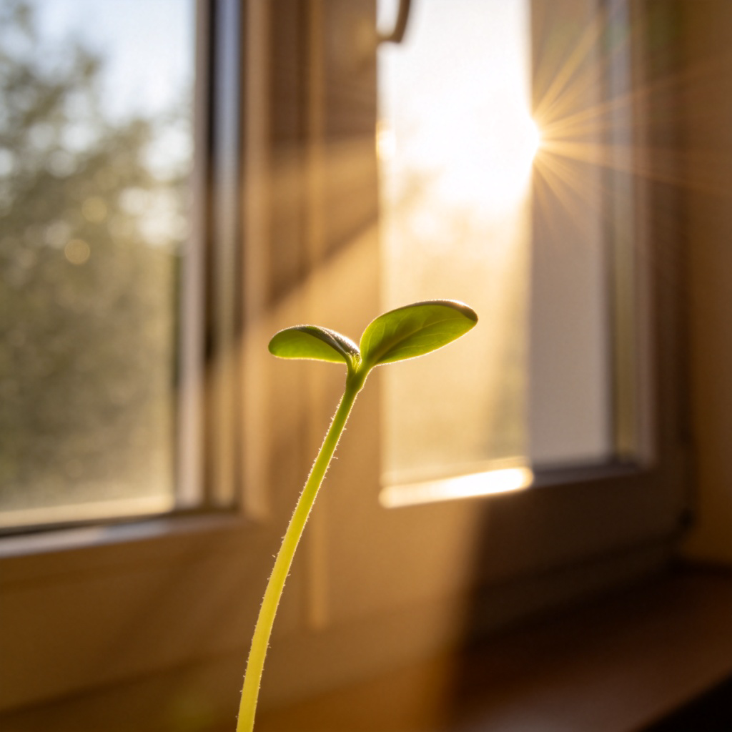A beautiful time-lapse scene showing a single green plant sprout growing towards the sun. The sunlight is streaming in through a window, creating a clear beam of light. The plant is visibly leaning into the light. Soft, warm, natural morning light. No text.