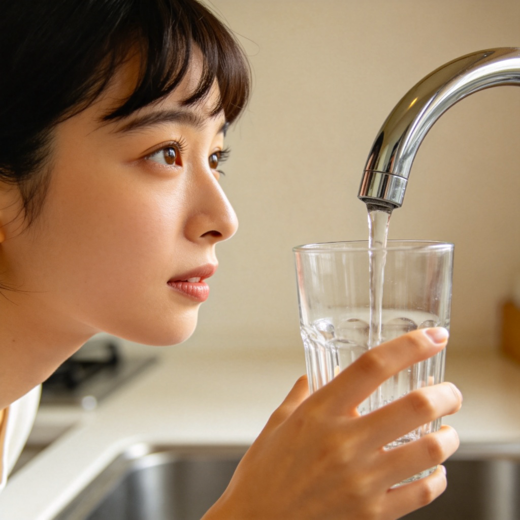 A close-up of a thirsty person holding an empty glass, looking longingly at a water tap. The person's expression shows clear desire. Plain kitchen background, natural lighting. No text.