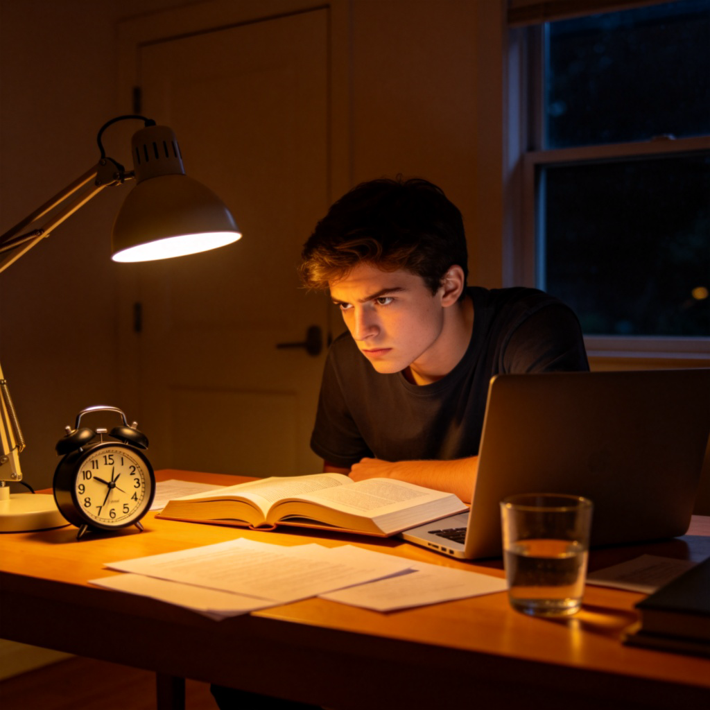 A focused student studying late at night with books and a laptop on a desk. An alarm clock shows it's very late. The scene conveys urgency and necessity. Warm desk lamp lighting. No text.