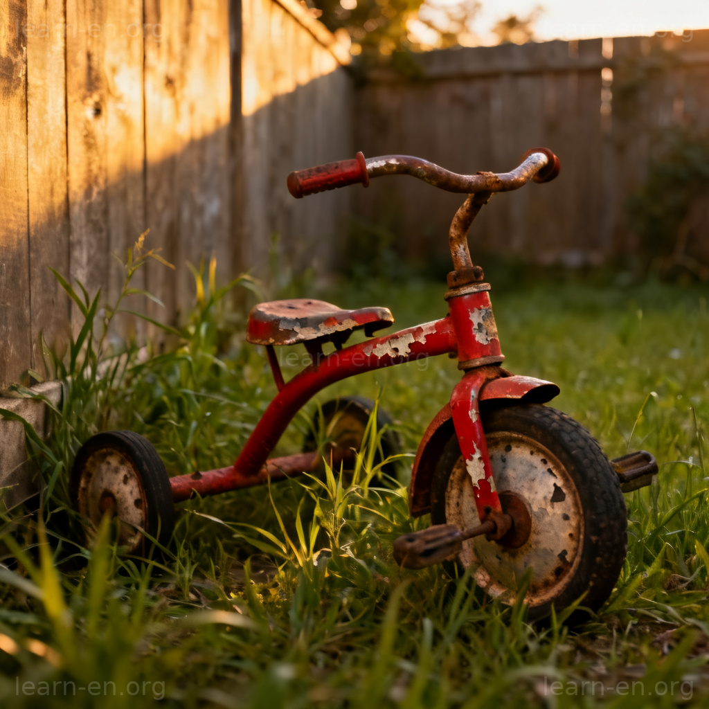 Neglected rusty tricycle left forgotten in overgrown backyard