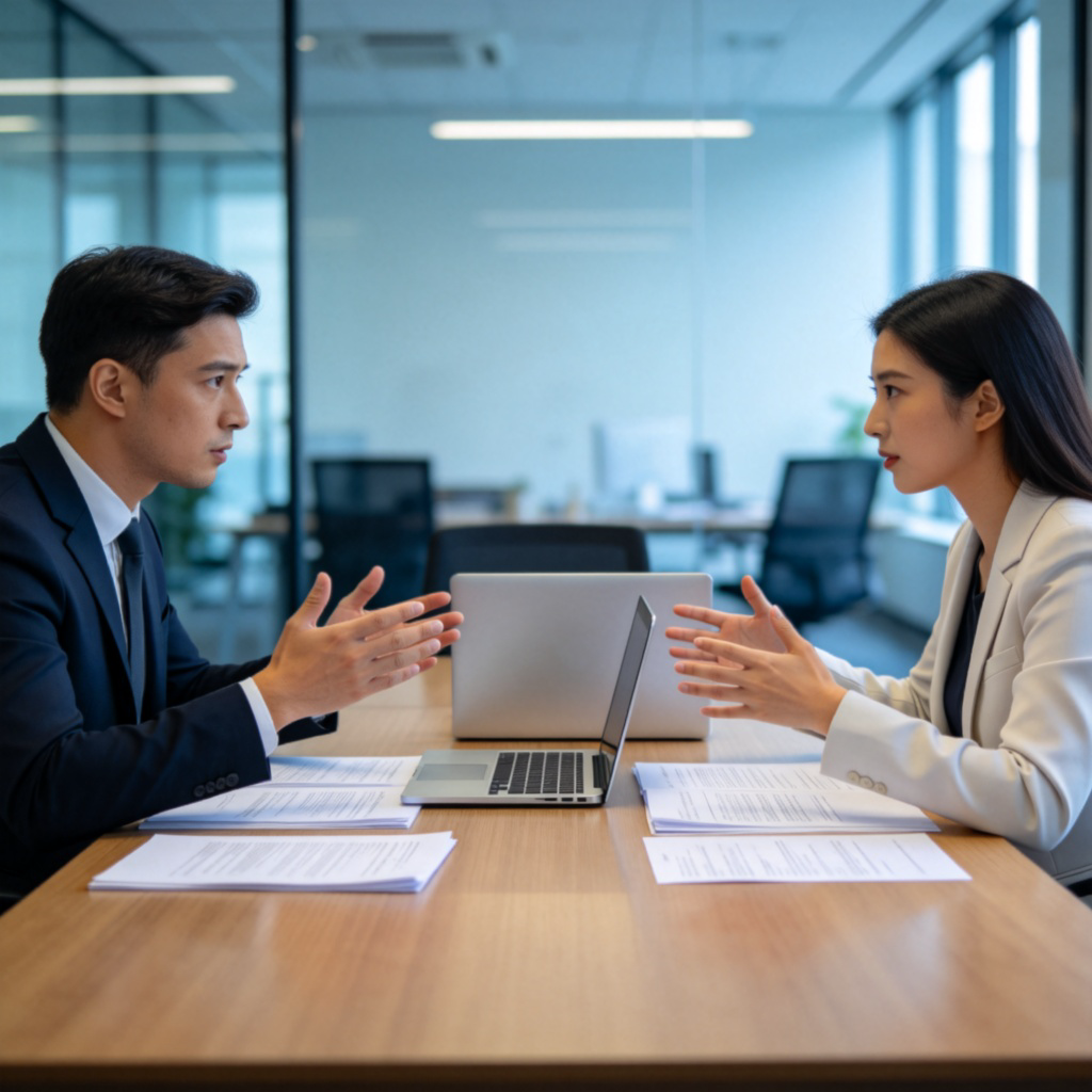 negotiation 图解：两位商务人士在会议室进行正式谈判的场景