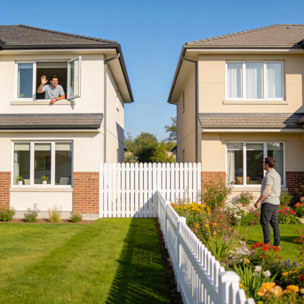 Two modern suburban houses standing side-by-side, with a low white picket fence between them. A smiling person is waving from the window of one house to another person in the garden of the next house. Sunny day, green lawn, clear focus on the two people and their homes. No text.