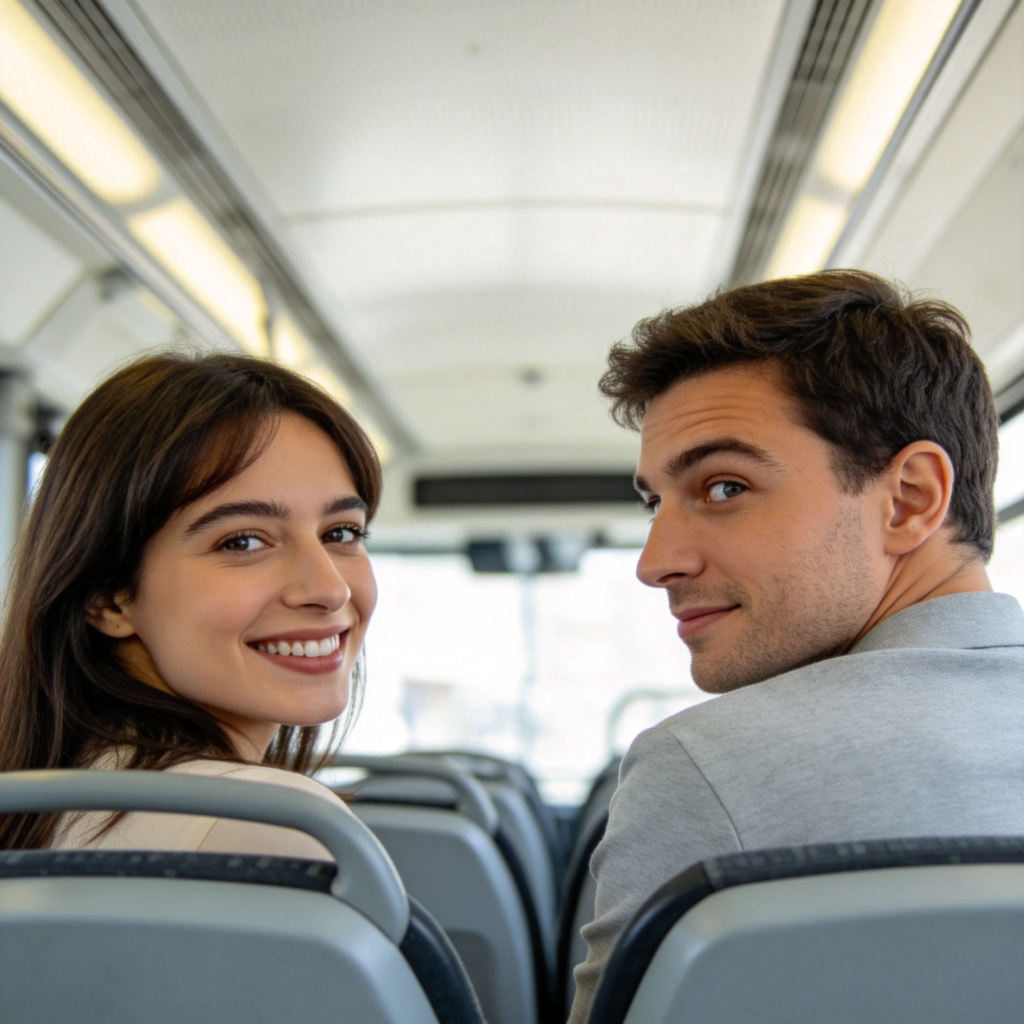 Two people sitting next to each other on a bus or train, one is politely smiling and the other is looking back. They are clearly not together but sharing the same immediate space. Clean, modern public transport interior in the background. Focus on their proximity and interaction. No text.